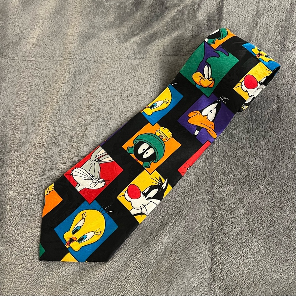 Vtg 1993 Looney Tunes Mania Character Block Neck Tie Bugs Tweety Marvin Daffy